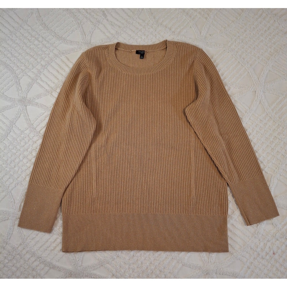 Talbots Women 1X Sweater Camel Tan‎ Gold Metallic Ribbed Knit Crew Neck Pullover